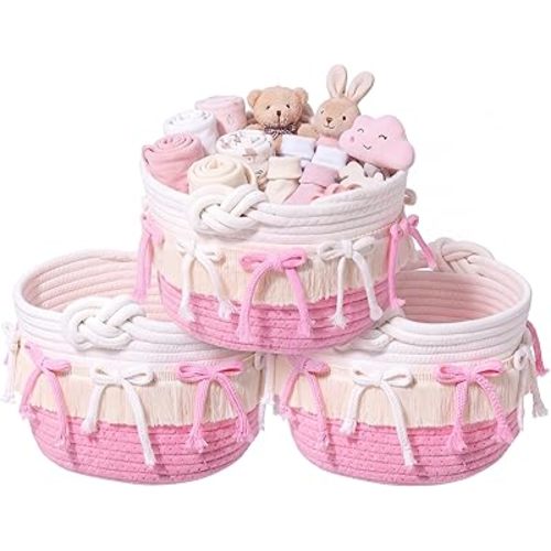 Novabright 3 Pcs Pink Bow Baskets Gifts Coquette Bow Cotton Rope Storage Baskets Round Shelf Organizer Laundry Hamper Storage Bin for Closet Bedroom Nursery Home Decor Baby Shower, 8.27'' x 6.1''
