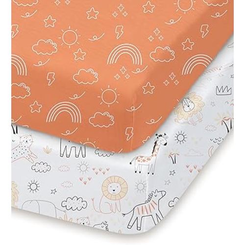 Pack and Play Sheets Fitted, Ultra Soft Orange Cloud and Rainbow Design, Breathable and Soothing, Hypoallergenic, 2 Pack for Baby Boys and Girls