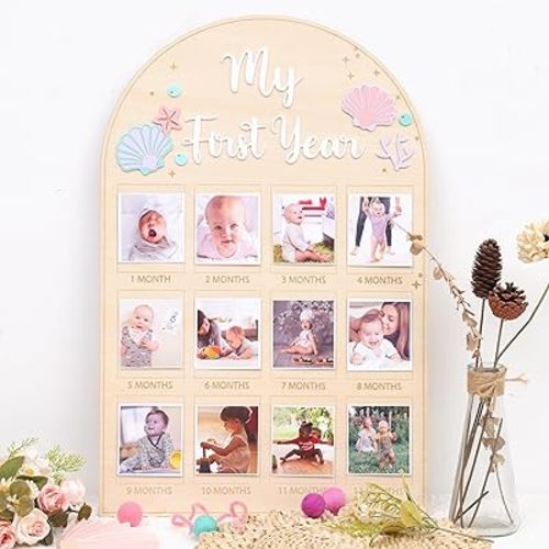 Mermaid Monthly Wooden Photo Board - Under The Sea 1st Birthday Party Decoration, Ocean Themed Milestone Board, 12-Month Photo Frame, Underwater World 1-12 Month Milestone Photo Board