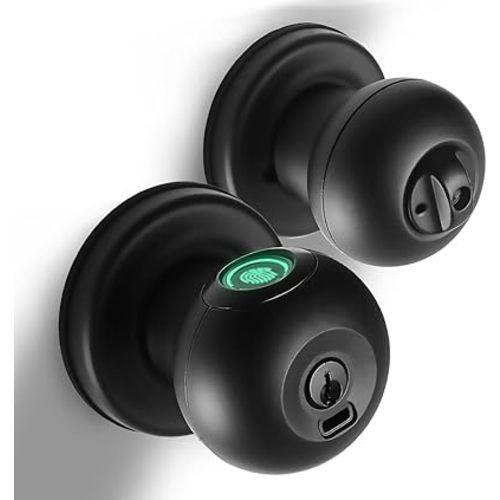Fingerprint Door Lock, Smart Fingerprint Door Knob with Lock, Biometric Black Door Lock, Keyless Thumbprint Entry Door Lock for Bedrooms, Hotels, Apartments, Offices and Garages
