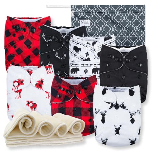 Nora's Nursery Cloth Diapers 7 Pack with 7 Inserts & 1 Wet Bag - Waterproof Cover, Washable, Reusable & One Size Adjustable Pocket Diapers for Newborns and Toddlers - Buffalo Plaid