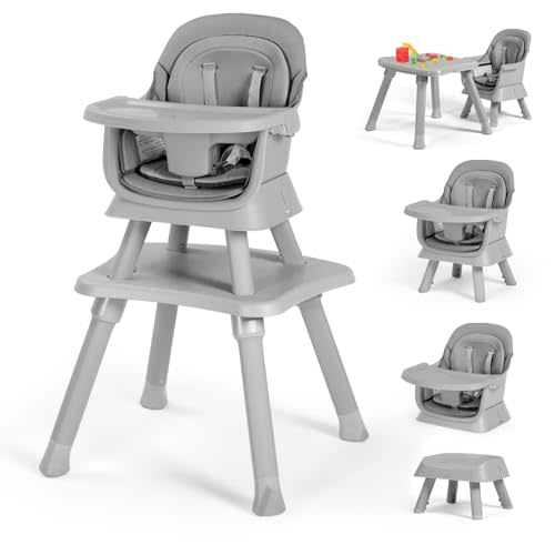 Kinder King Baby High Chair, 8 in 1 Coverts to Dining Booster Seat/Kids Table & Chair Set/Toddler Building Block Table/Kids Stool, Removable Tray & Double Seat Cover, Grey & White