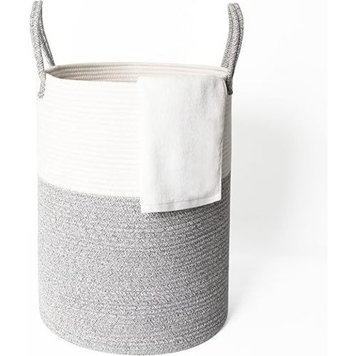 Large Woven Laundry Basket, 15”x18” Tall Blanket Basket Living Room, Cotton Rope Hamper for Bedroom Aesthetic, Baby Nursery, Wicker Hamper for Dirty Clothes, Kid Toy Laundry Storage Bin, Gray