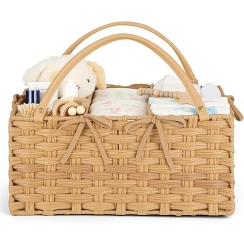 Baby Diaper Caddy Organizer, Wicker Diaper Basket with Handle, Large Capacity Nursery Storage Basket for Changing Table, Portable Baby Organizer for Diapers, Wipes, Toys & Essentials