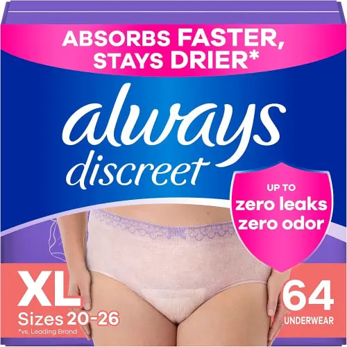 Always Discreet Adult Incontinence Underwear for Women and Postpartum Underwear, Extra Large, Up to 100% Bladder Leak Protection, 64 Count (2 Packs of 32)