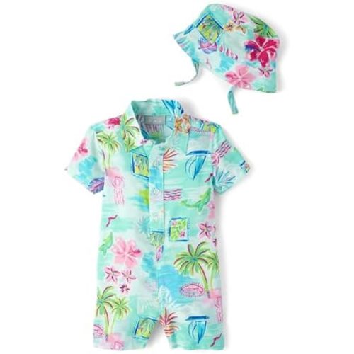 The Children's Place baby-boys And Newborn Woven Plaid Romper and Hat 2-piece Set