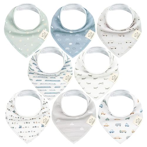 8-Pack Organic Baby Bandana Bibs for Boys, Girls - Super Absorbent Triangle Baby Bibs for Drooling and Teething Infant, 100% Cotton Extra Soft for Newborn,Infant 0-36 Months(Vessels)