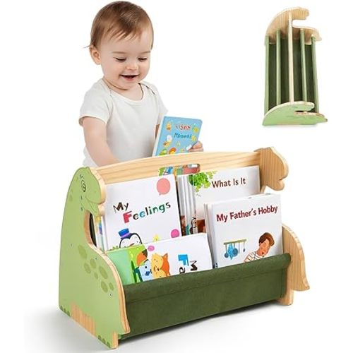 Toddler Bookshelf Double-Sided with 4 Tier Deep Sleeves Kids Wooden Montessori Book Rack for Baby Nursery Room, Playroom, Classroom or Bedroom Bookcase Storage Organizer, Green Dinosaur