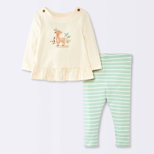 Baby Girls' 2pc Deer Ruffle Long Sleeve T-Shirt and Striped Leggings Set - Cloud Island™ Mint Green/Cream