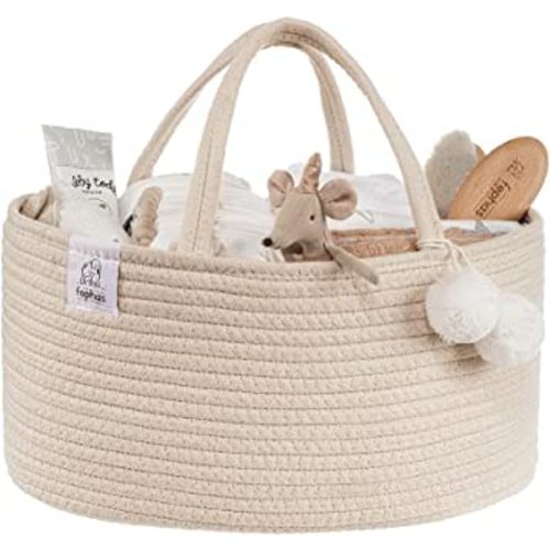 Baby Diaper Caddy Organizer- Rope Nursery Storage Bin- Portable Diaper Storage Basket for Changing Table and Car- Perfect Baby Shower & Registry Gift (Beige)