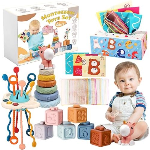 Montessori Baby Toys 6-12 Months, 4 in 1 Montessori Toys Set 6 Months Old+, Stacking Building Blocks Infant Toys, Tissue Box Toy, Baby Sensory Toys for 1 2 3 Year Old Boy Girl