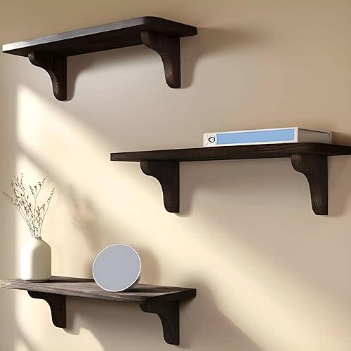 Real Wood Wall Mounted Shelving Rustic Wood Shelves with Brackets - 17 inch (3 Pack) - Easy to Install, Template and Video Included - Wide Brown Shelves for Wall