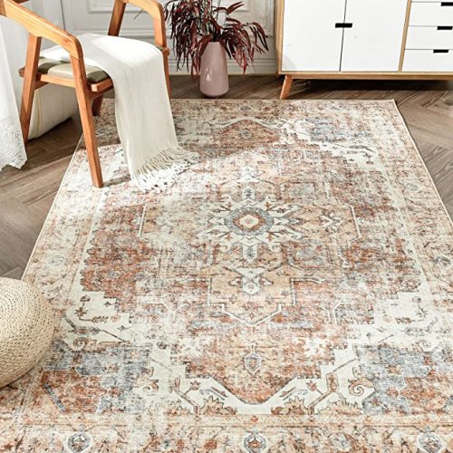 jinchan Area Rug 6x9 Washable Living Room Rug Vintage Indoor Large Floor Cover Distressed Lightweight Non-Slip Low Pile Thin Mat Accent Stain Resistant Carpet for Bedroom Dining Room Office Brick Red