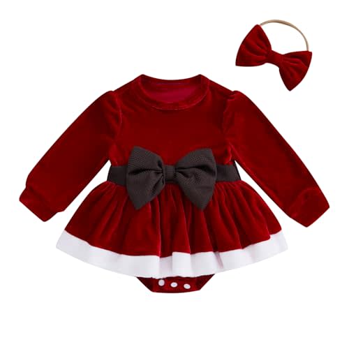 Amnnchya Baby Girl Christmas Outfit Bow Velvet Long Sleeve Romper Dress Newborn Infant Baby Girls Fall Winter Clothes (Red White, 0-3 Months)