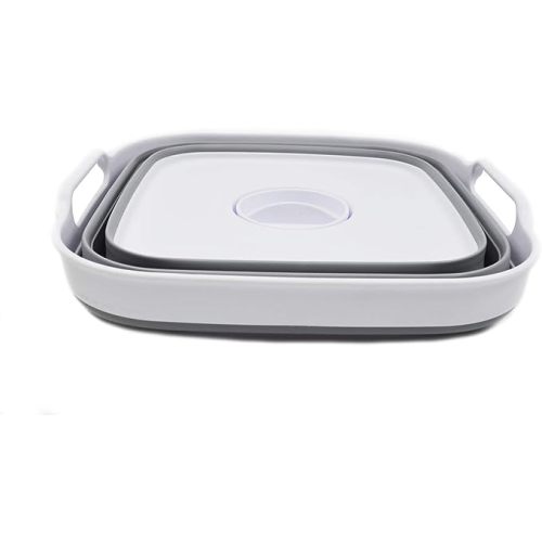 SAMMART 10L (2.64 Gallon) Collapsible Dishpan with Draining Plug - Foldable Washing Basin - Portable Dish Washing Tub - Space Saving Kitchen Storage Tray (1, White/Grey)