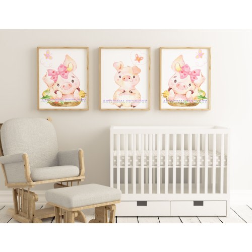 Pig nursery prints set of 3, whimsical art for kids room, pig baby shower decorations, kids playroom decor, classroom decor, girls nursery