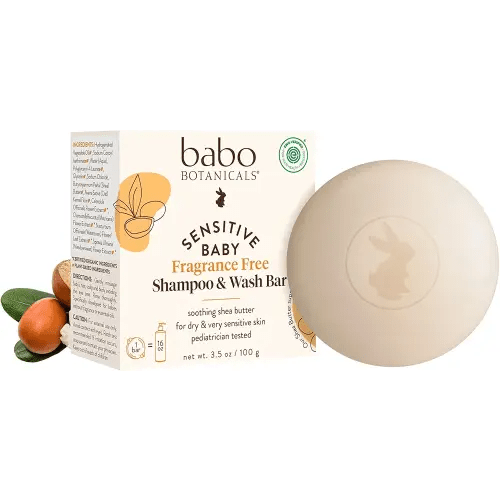 Babo Botanicals Sensitive Baby Fragrance-Free 2-in-1 Shampoo & Wash Bar - Shea Butter, Calendula & Aloe Vera - EWG Verified - Cruelty-Free - Vegan - Pediatrician Tested - For Babies & Kids