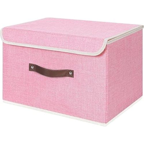 ANMINY Storage Bin with Lid Storage Boxes with PU Leather Handles PP Plastic Board Decorative Foldable Lidded Cotton Linen Fabric Home Cubes Baskets Closet Organizer Container - Pink, Large Size