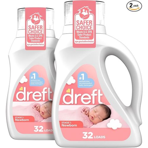 Dreft Newborn Baby Liquid Laundry Detergent, Gentle on Sensitive Skin, HE Compatible, 2 pack, 32 loads each - 46 Fl Oz (Pack of 2)