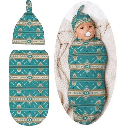 Western American Aztec Navajo Baby Stuff Newborn Swaddle Blanket Baby Swaddling Blanket with Beanie Set Soft Sleeping Sack for Unisex Girls Boys