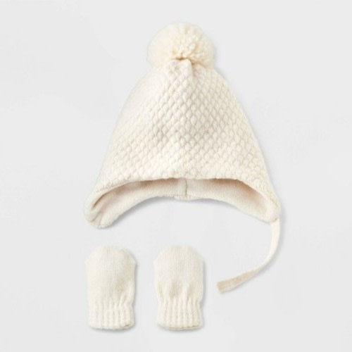 Baby Pom Hat and Mitten Set - Cat & Jack™ Cream, Size: 0-6M