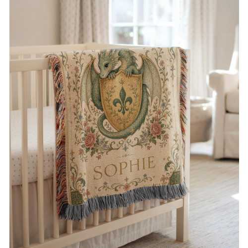 Personalized Dragon Baby Woven Blanket, Floral Royal Crest Nursery Throw, Custom Fairytale Name Blanket, Fantasy Baby Girl Keepsake Gift