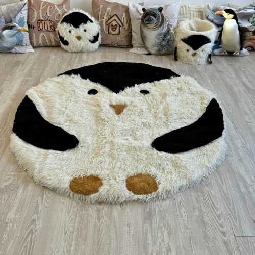 Penguin Nursery Rug - Round Shaggy Minky Play Mat - Baby Floor Mat - Black and White Animal Rug - Penguin Baby Room Decor - Soft Kids Rug