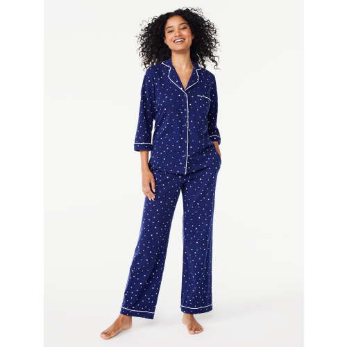 Joyspun Women’s Cotton Blend Notch Collar Top and Pants Pajama Set, 2-Piece, Sizes S-4X