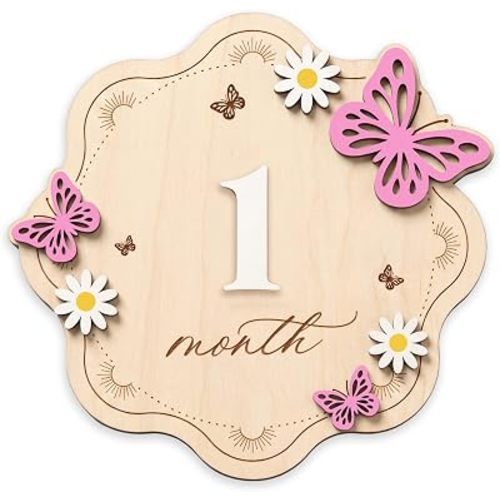 Baby Monthly Milestone Signs, Double-Sided Wooden Board with Interchangeable Numbers, Floral Butterfly Design for Baby Girl Newborn Photography Props