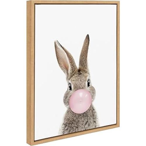 Kate and Laurel Sylvie Bubble Gum Bunny Framed Canvas Wall Art by Amy Peterson Art Studio, 18x24 Natural, Cute Whimsical Animal Art for Wall