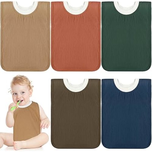 Newwiee Large Muslin Pullover Baby Bibs Full Coverage Toddler Slip on Absorbent Bib Waterproof Toddler Towel Bibs(Stylish Color, 5 Pcs)