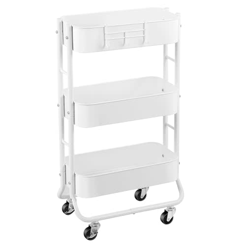 MAX Houser Slim 3-Tier Rolling Utility Cart, Narrow Metal Storage Cart with Wheels, Multifunctional Organizer Cart, Bathroom Storage Cart with Extra Hook, Laundry Room,Kitchen,Small Space, Room(White)