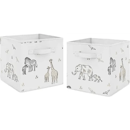 Sweet Jojo Designs Jungle Safari Animals Foldable Fabric Storage Cube Bins Boxes Organizer Toys Baby Taupe Black and White Gender Neutral Elephant Giraffe Wildlife Adventure Zebra Serengeti - Set of 2