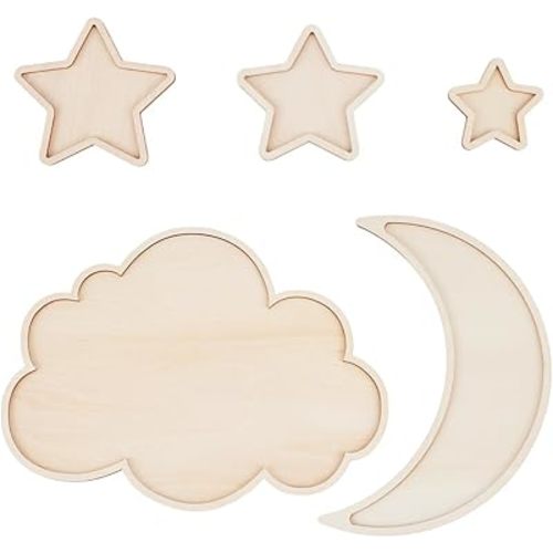 OLYCRAT 5pcs Sleeping Wooden Boho Nursery Decor Nursery Hang on Wall Sign Nursery Wall Decor Moon Stars and Cloud Celestial Nursery Decor for Painting Arts Home Decor Bedroom Wedding