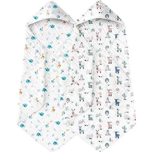 Yoofoss Hooded Baby Towels for Newborn 2 Pack 100% Muslin Organic Cotton Baby Bath Towel with Hood for Babies, Infant, Toddler and Kids, Large 32x32Inch, Soft and Absorbent Newborn Essential