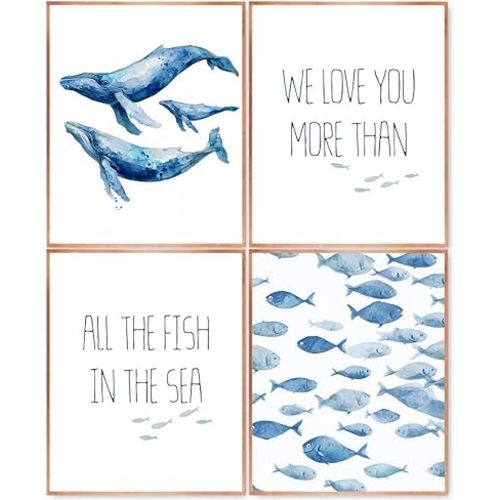 laveliabel Nautical Whale Ocean Wall Art Prints Set of 4 Unframed, We Love You More Than All the Fish In the Sea Wall Decor, Ocean Life Poster Prints for Home Room Wall Decor 8x10inches