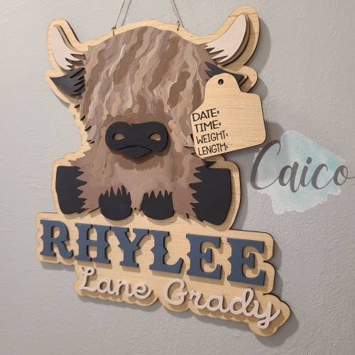 Baby Highland Cow Hospital Door Hanger / Baby Name Stat Sign / Newborn Name Sign / Custom Baby Gift / Highland Cow Nursery