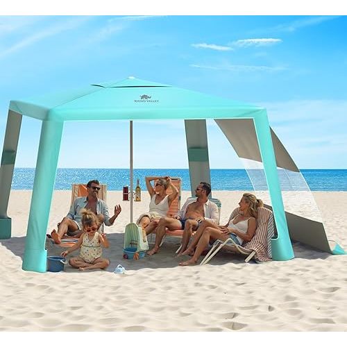Rhino Valley Beach Cabana, 8 × 8FT Foldable Beach Tent with Cup Holder, Beach Canopy Easy Setup with UPF50+ Protection, Windproof Stable Beach Tent, Portable Beach Cabana Tent for Beach Camping