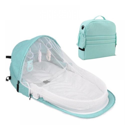 Fantadool Portable Travel Baby Bed Portable Bassinet for Baby Foldable Baby Bed Travel Sun Protection Mosquito with Toys Travel Infant Bed Backpack, Green