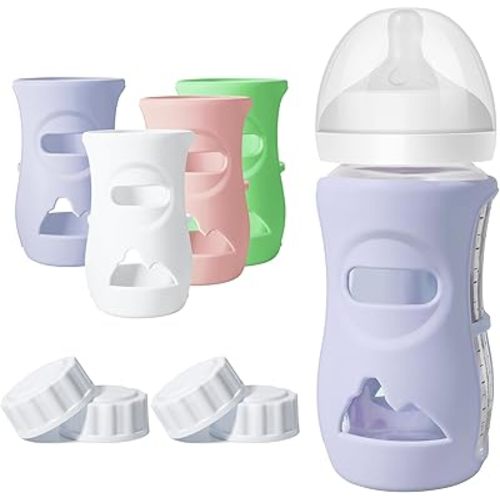 4 Pack Silicone Sleeves for Philips Avent Natural Glass Bottle Food Grade Silicone Bottle Cover and 4pcs Travel Bottle Caps, Bottle Lids Replacement (White+Pink+Violet, 8oz)