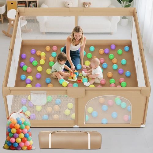 Large Baby Playpen 64x64 Inch Play Pen Playards,Playpen for Babies and Toddlers with 50 Ocean Balls-Sturdy Safety Baby Fence Play Area with Soft Breathable Mesh for Indoor & Outdoor,Khaki