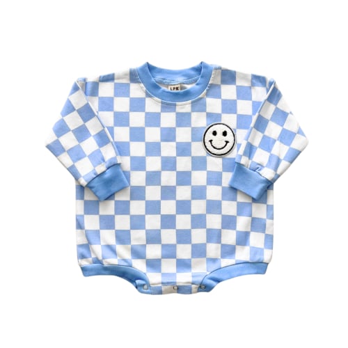 Bubble Romper | Checkered Smiley Blue