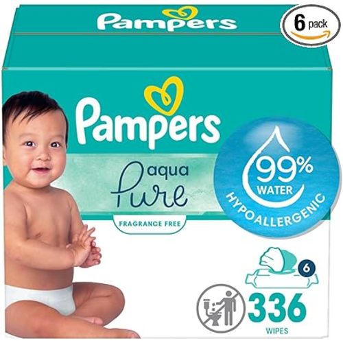 Pampers Baby Wipes Aqua Pure, 99% water-based wipes, Hypoallergenic and Unscented Infant Wipe, 336 Total (6 Flip-Top Packs)