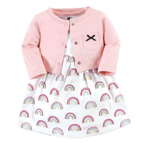 Hudson Baby Infant Girl Cotton Dress And Cardigan Set, Modern Rainbow, 9-12 Months