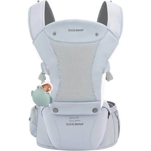 Bebamour Baby Carrier with Hip Seat,All-Position Breathable Mesh Hip Seat & Carrier 0-36Months with Head Hood, 3 PCS Teething Pads, Waist Extender,Storage Bag & Pacifier Case (Blue)