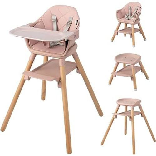 BABY JOY Baby High Chair, 6 in 1 Convertible Wooden High Chair for Babies & Toddlers with Adjustable Legs, Double Removable Tray, Safety Harness & Waterproof PU Cushion (Pink)
