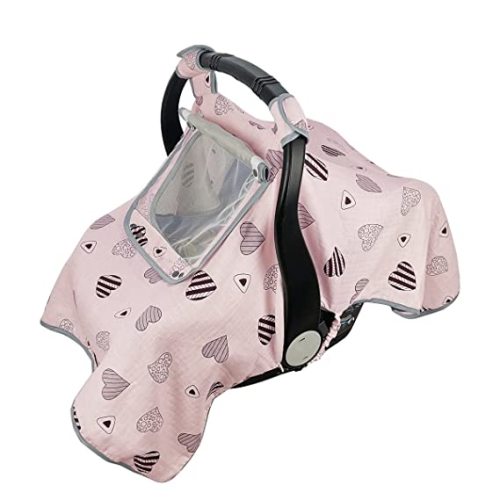 Car seat Covers for Babies, Infant Carseat Canopy for Newborn Carrier, Kick Proof Yet Anti-Slip Design, Muslin, fit Summer, Spring, Autumn, Pink Heart, Perfect for Girl;