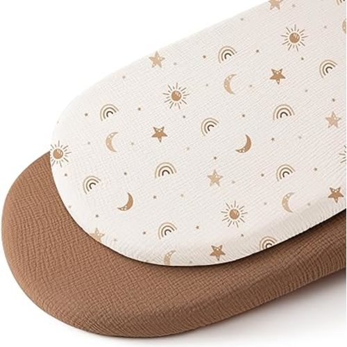 Konssy 2 Pack Muslin Bassinet Sheets for Baby Boy, 100% Cotton Soft Breathable Bassinet Mattress Sheets Fit for Hourglass Oval Cradle Rectangle Mattress (Sunbeam Yellow,Coffice)
