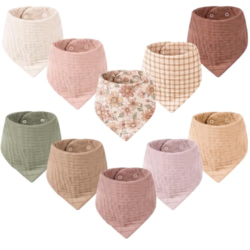 Konssy 10 pack baby muslin bandana bibs for drooling and teething | 100% Organic Cotton Bibs for Boy Girl, Soft Absorbent 6-Layer Thick Cloth, Pre-Washed Less Shrinkage, Newborn Infant Toddler