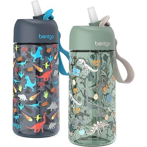 Bentgo Kids Water Bottle 2-Pack - Leak-Proof, Durable Tritan, BPA-Free 15 oz. Cup for Kids/Toddlers Ages 3+, Safe Sip Spout, & Dishwasher Safe for School/Sports/Daycare/Camp (Dinosaur/Dino Fossils)